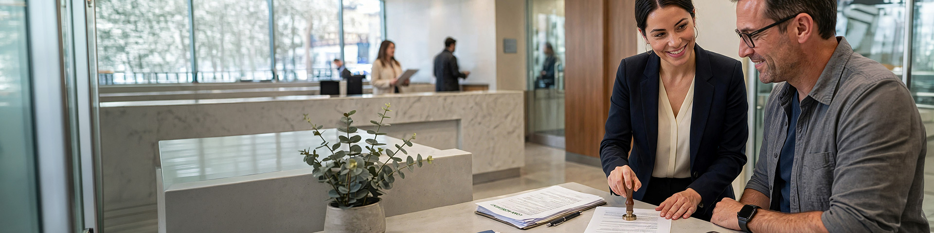 Notary public assisting a customer with documents at a credit union branch.