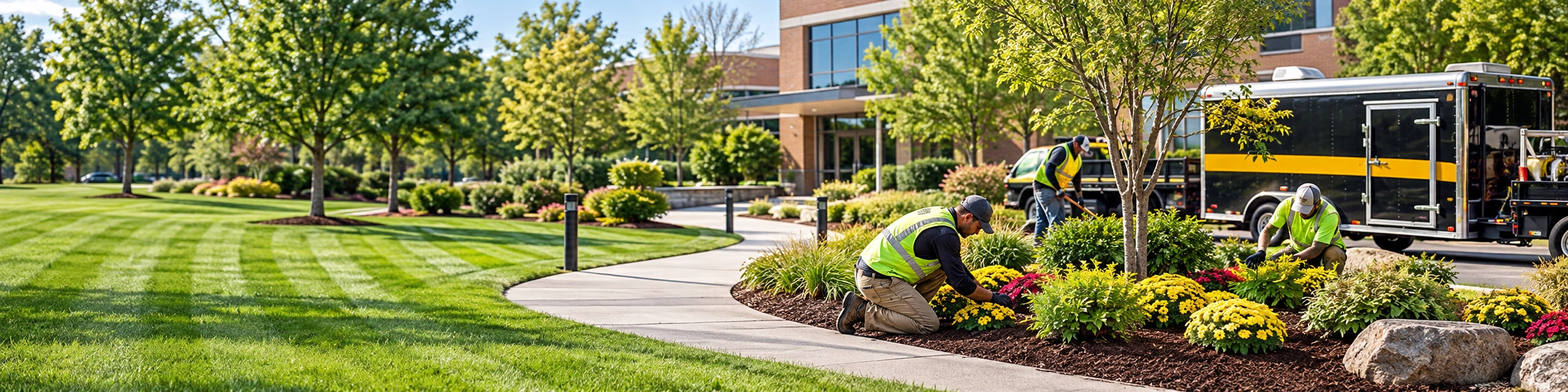 Landscaping professionals planting flowers and maintaining the grounds of a commercial property.