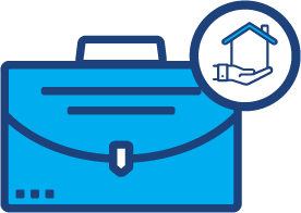 BusinessMortgage_102023 Briefcase and smaller circle with a hand holding a house